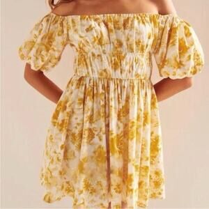 Abercrombie & Fitch Floral Off the Shoulder Puff Sleeve Mini Dress Yellow Small
